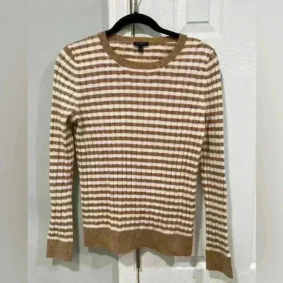 Talbots Women’s size Small Petite Gold/White Striped Sweater metallic shimmer - Picture 1 of 3